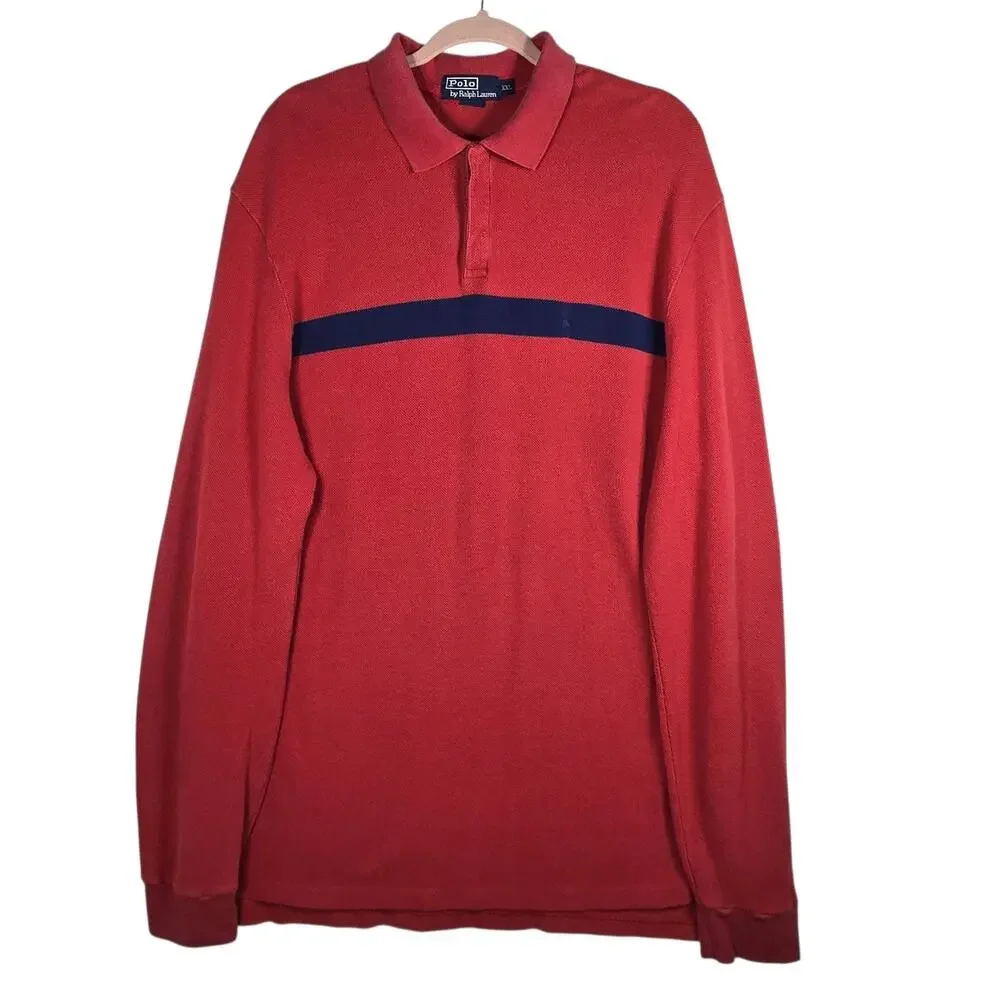 Polo Ralph Lauren Shirt‎ Mens 2XL Salmon Red Snap Pullover Rugby Stripe Classic